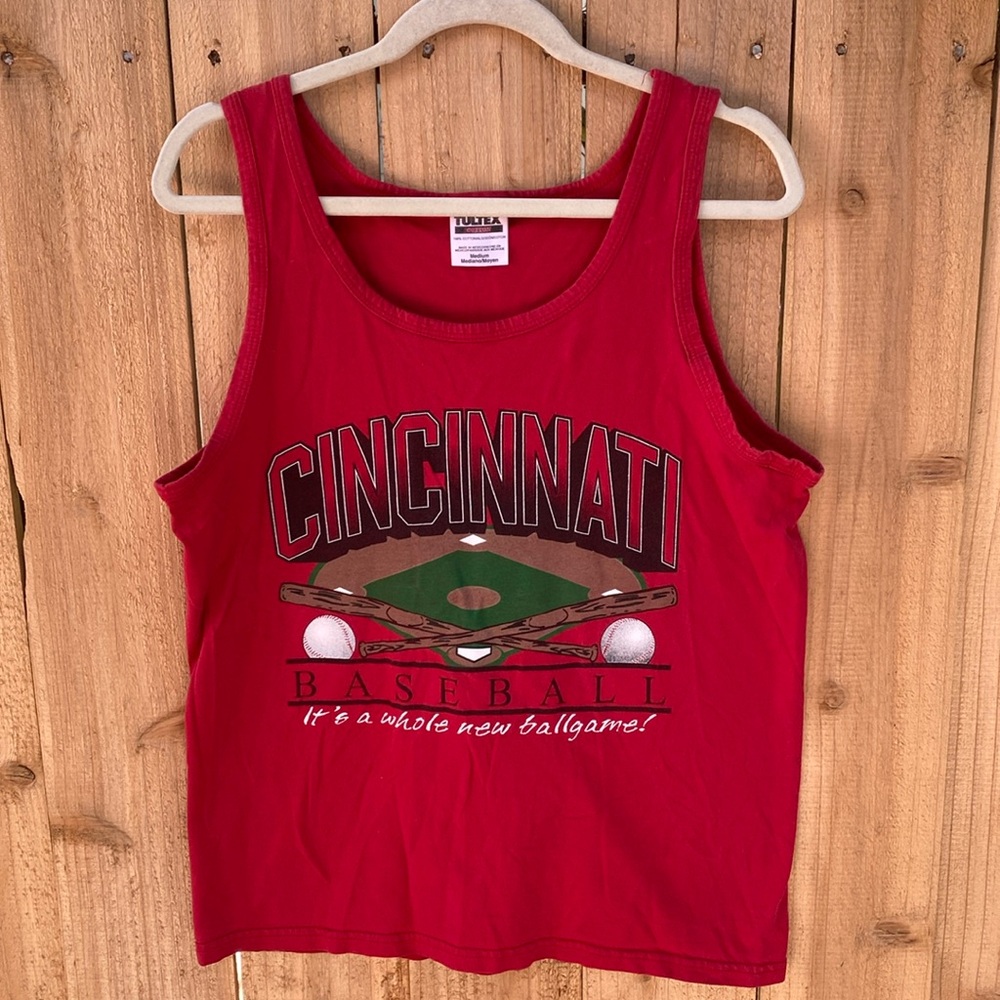 Vintage Men Cincinnati Reds Baseball MLB Tank Top Medium Tultex Spellout Logo